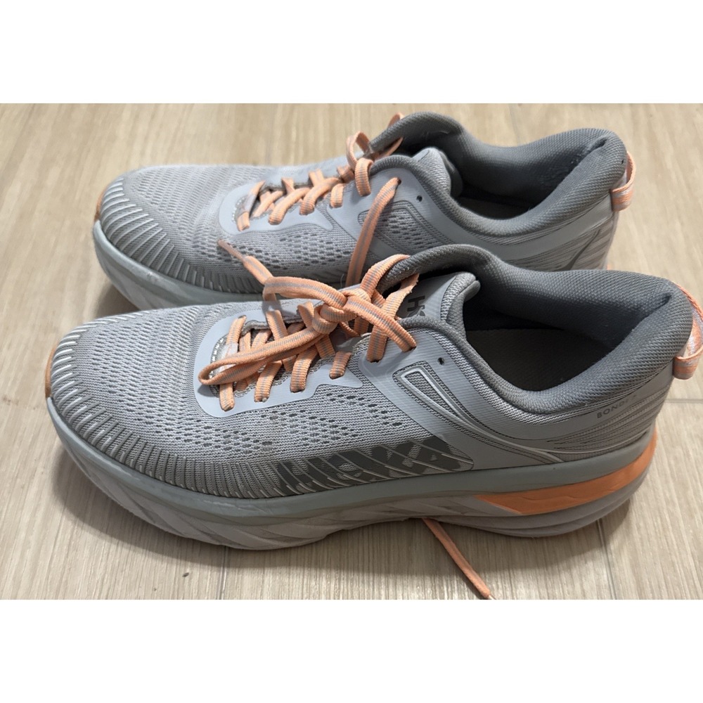 Hoka One One Bondi 7 Womens Size 8.5 Gray Orange Athletic Running Shoes Sneakers